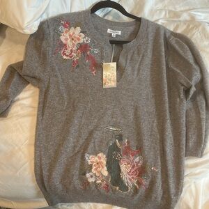 Johnny Was Heather Gray Sweater with Floral Embroidery